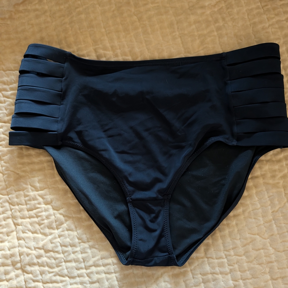 KIAVA Black High-Waist Bikini Bottom with Strappy Side Panels